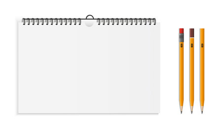 Spiral Notebook Template With Pencil Icons - Vector Mock Up Illustrations With Copy Space Isolated On White Backgroundのイラスト素材