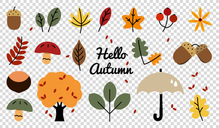 Colorful Cute Autumn Icons Set - Different Beautiful Vector Illustrations Isolated On Transparent Backgroundのイラスト素材