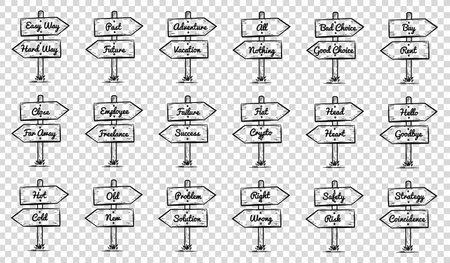 Wooden Signpost Icons Set And Direction Ideas Concepts - Different Simple Travel Doodle Vector Illustrations Isolated On Transparent Backgroundのイラスト素材