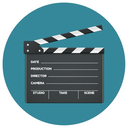 Open Director Clapboard Movie Clapperboard Vector Template - Isolated On Blue Circle Backgroundのイラスト素材