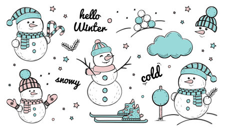 Snowman Winter Doodle Icons Set - Different Colorful Vector Illustrations Isolated On White Backgroundのイラスト素材