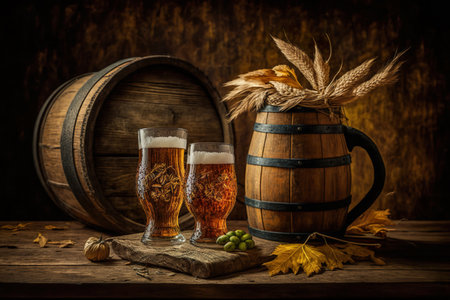 Beer Barrel And Beer Glasses With Grain On Wooden Table - Generative AIの素材