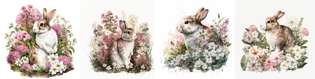 Bunny In Garden, Easter Watercolor Collection Set Isolated On White Background - Generative AIの素材