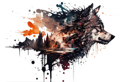 Wolf Silhouette And Forest Landscape Watercolor - Generative AIの素材
