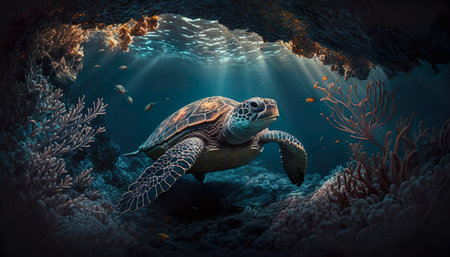 Sea Turtle Portrait Is Swimming Under Water With Coral Reef And Beautiful Sunbeams Shine Through The Water Surface - Generative AIの素材