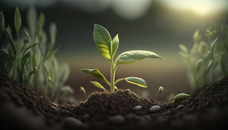 Green Young Sprout Seedling Grows On The Farmland - Generative AIの素材
