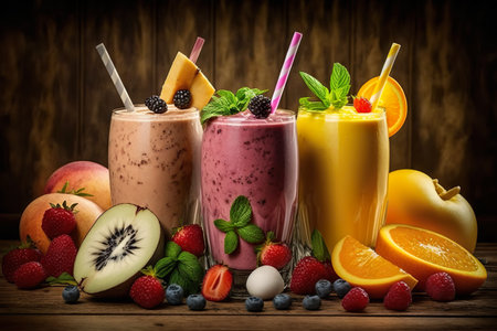 Colorful Different Smoothies And Juices Standing On Wooden Table - Generative AIの素材
