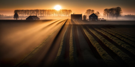 Beautiful Morning Agriculture Landscape During Sunrise - Generative AIの素材