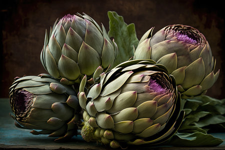 Fresh Artichokes On Wooden Table And Dark Background - Generative AIの素材