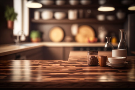 Wooden Kitchen Table Brown Textured Over Blurred Background - Generative AIの素材