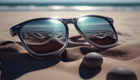 Sunglasses Lie On The Beach And Reflect The Sandy Beach - Generative AIの素材