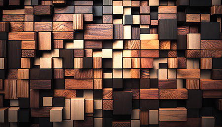 Glossy Mosaic Tiles Organized Wall Made Of Wooden Blocks In Different Shades Of Brown - Generative AIの素材