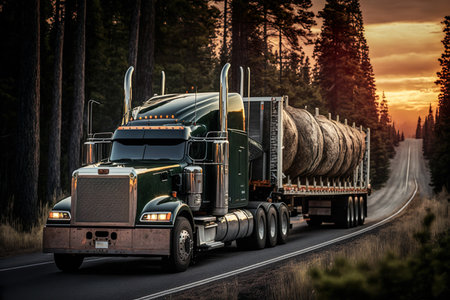 Truck With Trailer Surrounded By Forest And Logs Drives Along The Highway During Sunset - Generative AIの素材