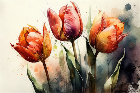 Watercolor Tulips Painting On White Background - Generative AIの素材