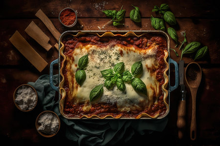 Lasagna And Tomato Sauce Baked In Ceramic Dish In The Oven Top View - Generative AIの素材