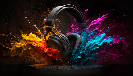 Headphone And Colorful Exploding Vivid Powder On Dark Background - Generative AIの素材