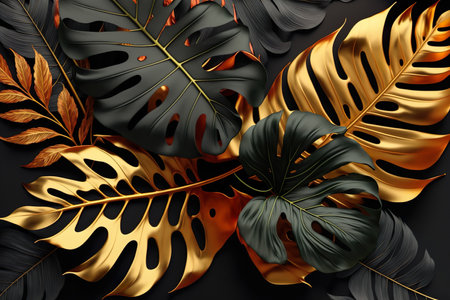 Green And Gold Tropical Leaves Flowers - Generative AIの素材