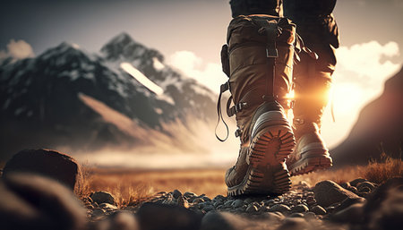 Hiker Goes Against Cloudy Sky Mountains And Sun - Generative AIの素材