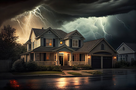 Suburban House With Dramatic Lighting Thunder Storm Above - Generative AIの素材