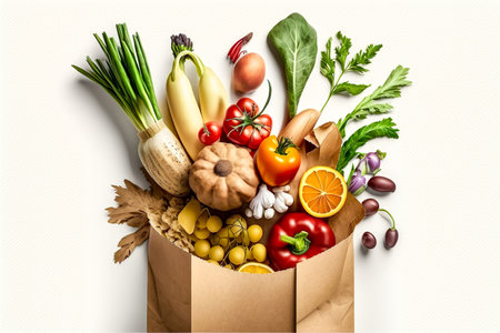 Fruits Vegetables In Brown Paper Shopping Bag Isolated On White Background - Generative AIの素材