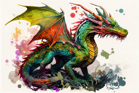 Full Watercolor Design Of A Colorful Dragon Isolated On White Background - Generative AIの素材