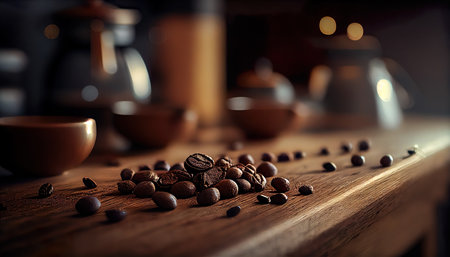 Coffee Grains On Wooden Table With Bokeh Kitchen Background - Generative AIの素材
