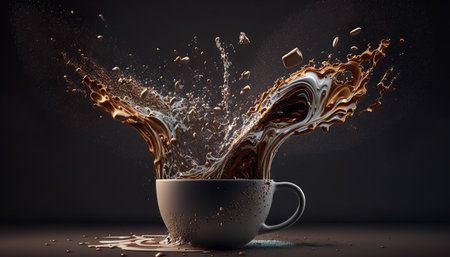 Splashing Coffee Cup In Front Of Dark Background - Generative AIの素材