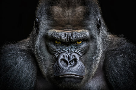 Angry Gorilla Close Up View On Dark Background - Generative AIの素材