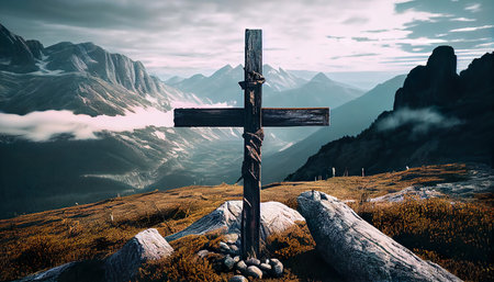 Old Wooden Cross In Front Of Cloudy Beautiful Mountains Landscape - Generative AIの素材