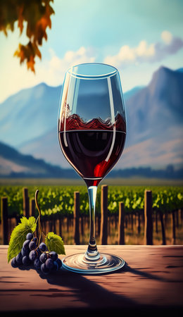 Glass Of Red Wine Against Vineyard And Mountains - Generative AIの素材