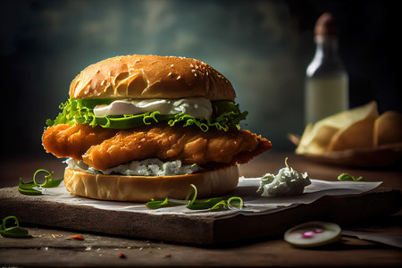 Fried Fish Sandwich On Wooden Table On Dark Bokeh Background - Generative AIの素材