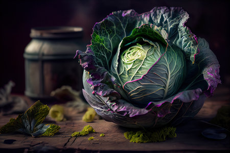Cabbage On Rustic Wooden Table With Blurred Background - Generative AIの素材