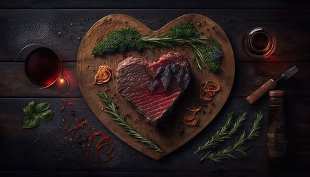Beef Steaks Heart Shape And Spices On Wooden Background - Generative AIの素材