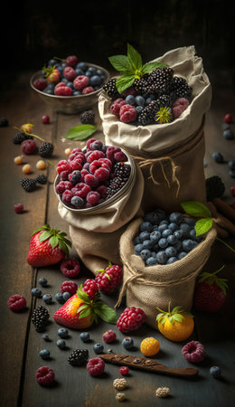 Berries And Fruits Ready For The Picnic Fresh And Delicious In Standing Linen Jute Sack On Wooden Floor - Generative AIの素材