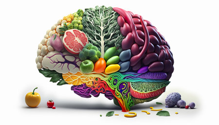 Human Brain Made Of Variety Of Colorful Vegetables Isolated On White Background - Generative AIの素材
