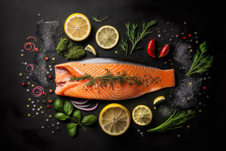 Raw Fresh Fish Salmon Filet With Cooking Ingredients On Black Background - Generative AIの素材