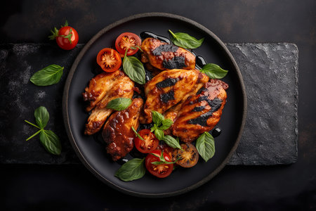 Chicken Wings Spicy Grilled With Tomato Sauce On Stone Plate - Generative AIの素材