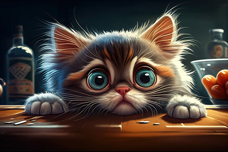 Cute Cat Kitten With Crazy Eyes Lying On Table And Looks Towards The Camera - Generative AIの素材