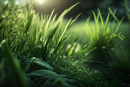 Realistic Green Nature Grass Background Illuminated By The Sun - Generative AIの素材