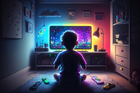 Kid Playing Video Games In His Room, Back View - Generative AIの素材