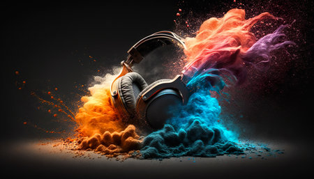 Headphone And Colorful Exploding Vivid Powder On Dark Background - Generative AIの素材