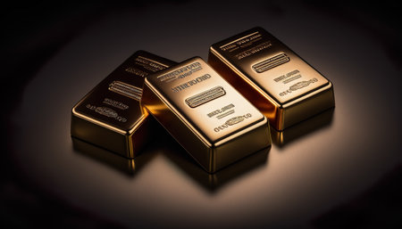 Three Gold Bars Lying Illuminated On A Dark Background - Generative AIの素材