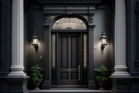 House Entrance Closed, Black Door Front View - Generative AIの素材
