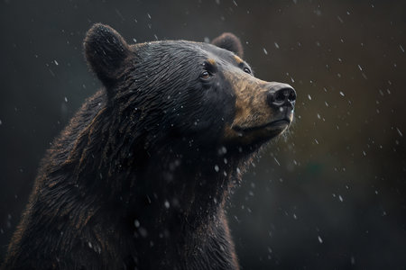 Black Bear Portrait Standing In The Rain With Dark Blurred Background - Generative AIの素材