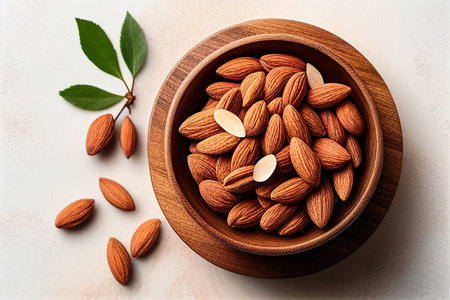 Almonds In Wooden Bowl On White Background - Generative AIの素材