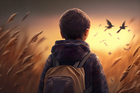 Back View From A Little Boy In Corn Field, Inner Child Love Nature Freedom Life Concept - Generative AIの素材