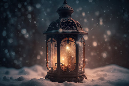 Christmas Lantern On Snow At Eve Night With Deco And Blurred Bokeh Background - Generative AIの素材
