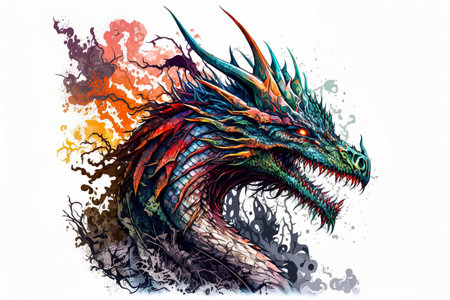 Watercolor Style Of A Dragon Surrounded By A Scary Flame - Generative AIの素材