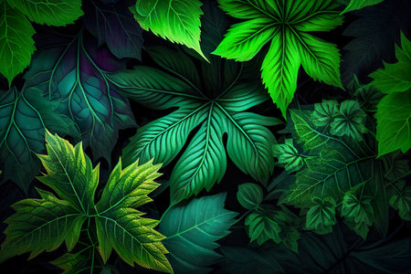 Realistic Green Leafy Nature Background Illuminated By The Sun - Generative AIの素材