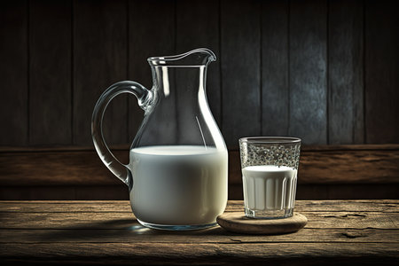 Milk Jug And Glass On Brown Wooden Table - Generative AIの素材